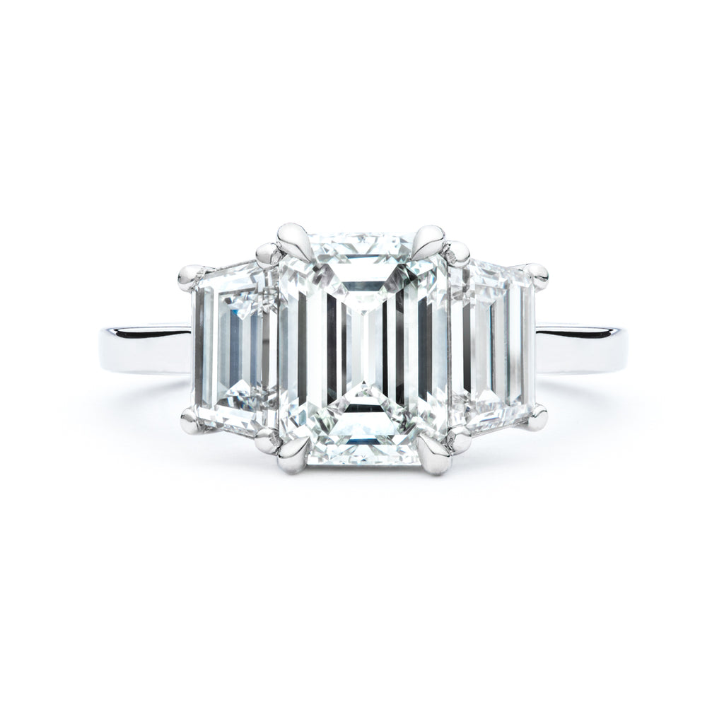 Emerald Cut and Trapezoid Three Stone Engagement Ring