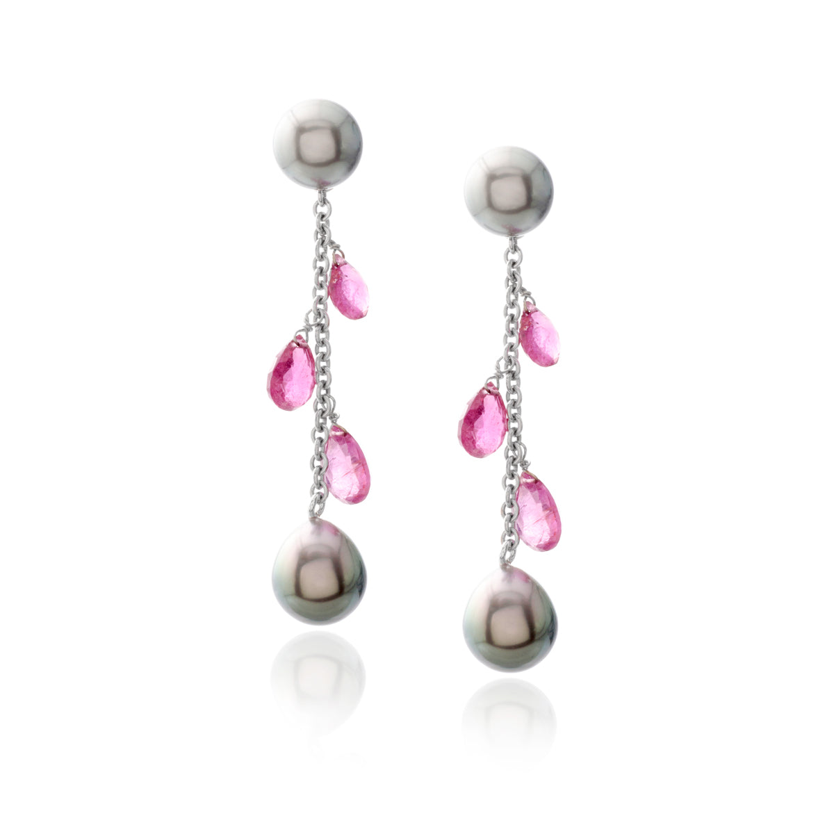 Black Pearl and Pink Tourmaline Dangle Earrings