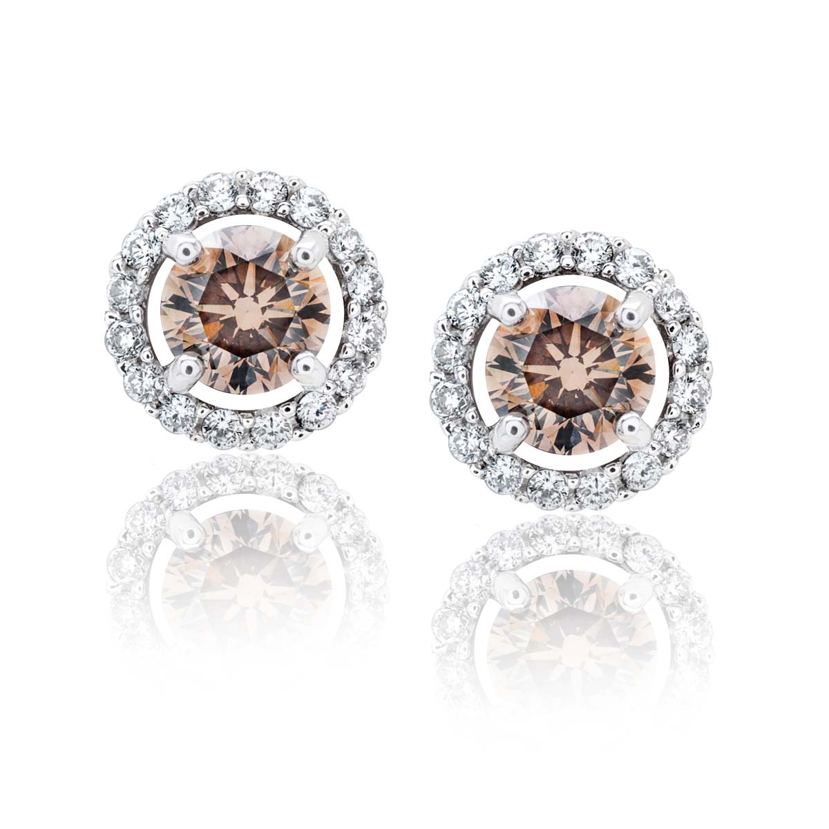 Cognac Diamond and Colorless Diamond Halo Earrings