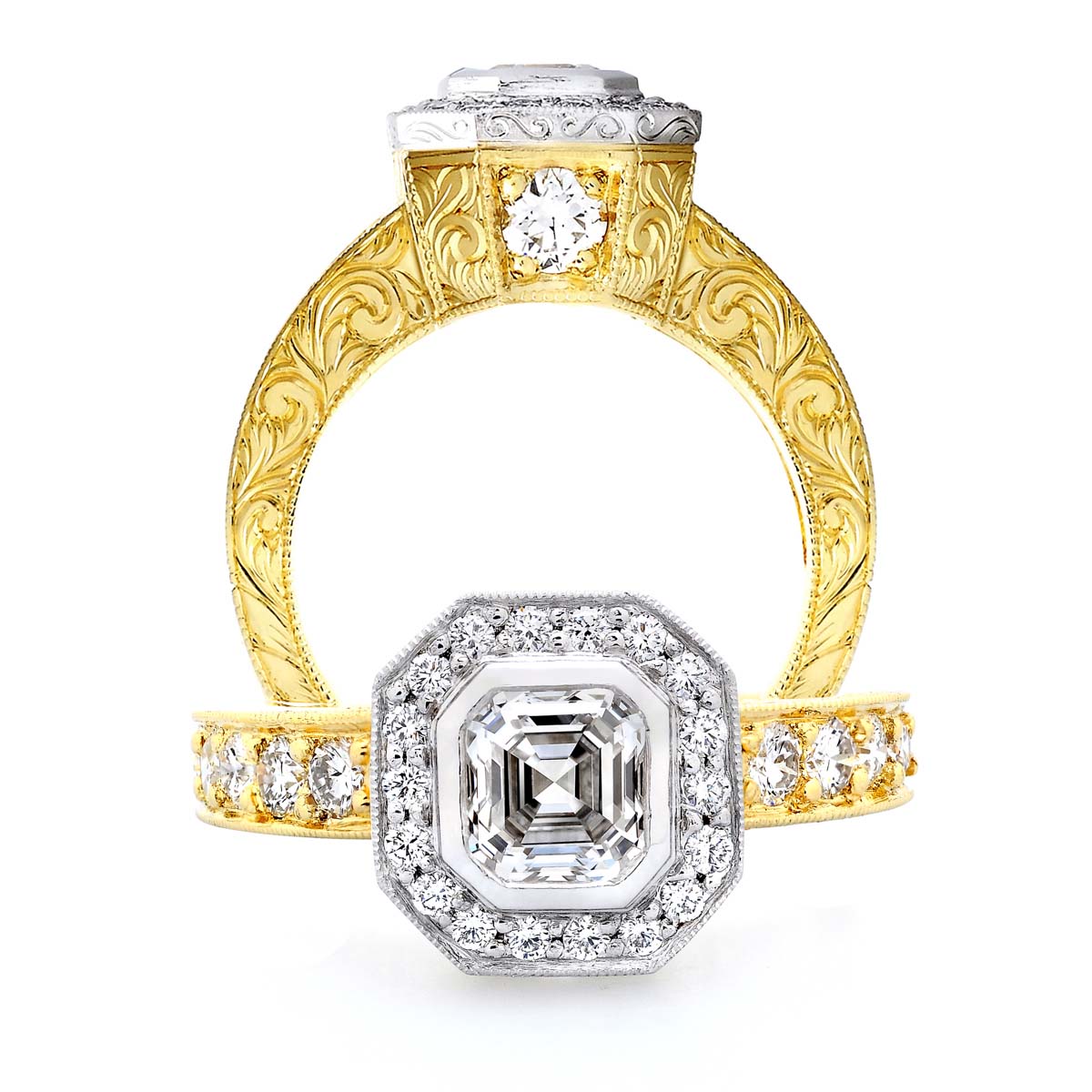 Yellow Gold Hand Engraved Asscher Engagement Ring