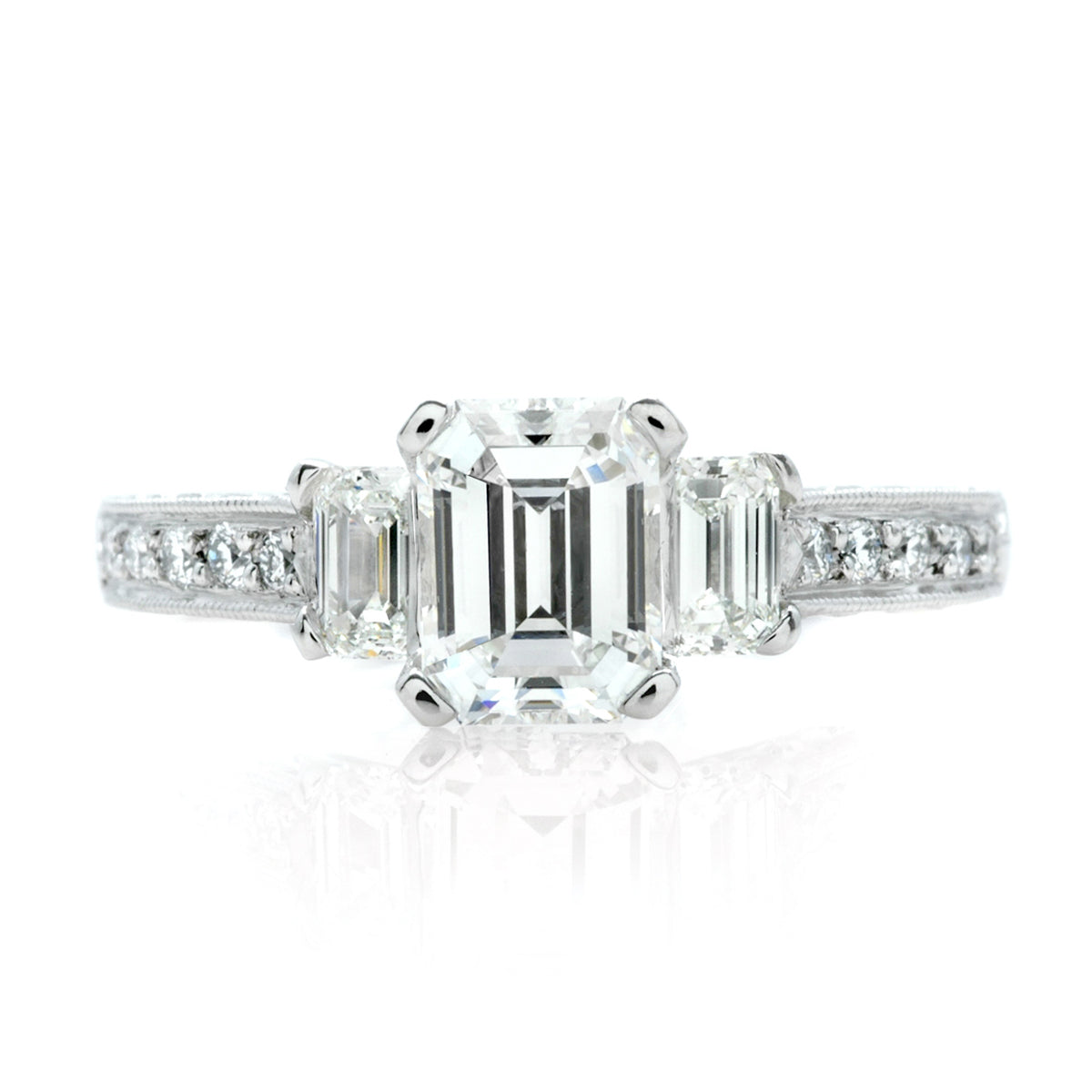 Emerald Cut Bead Set Diamond Engagement Ring