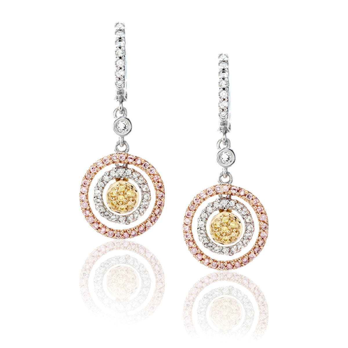 Pink, Yellow, and Colorless Diamond Earrings