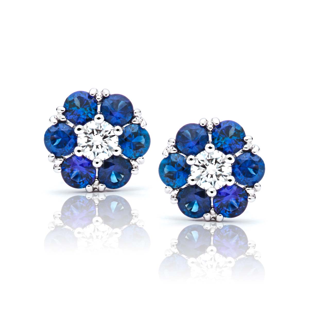 White Gold Sapphire and Diamond Cluster Earrings