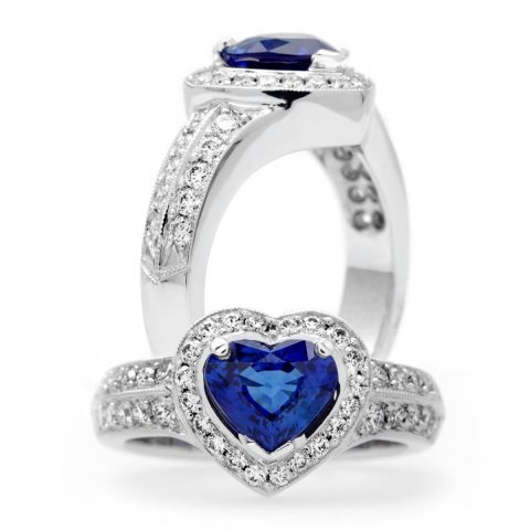 211-10493b Custom Heart Shaped Sapphire and Diamond Ring